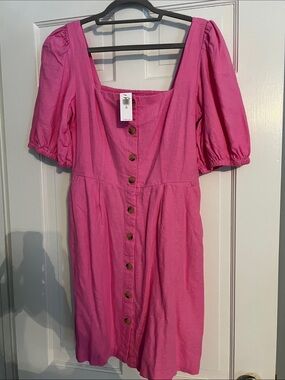 Old Navy Hot Pink Button-Front Puff Sleeve Mini Dress